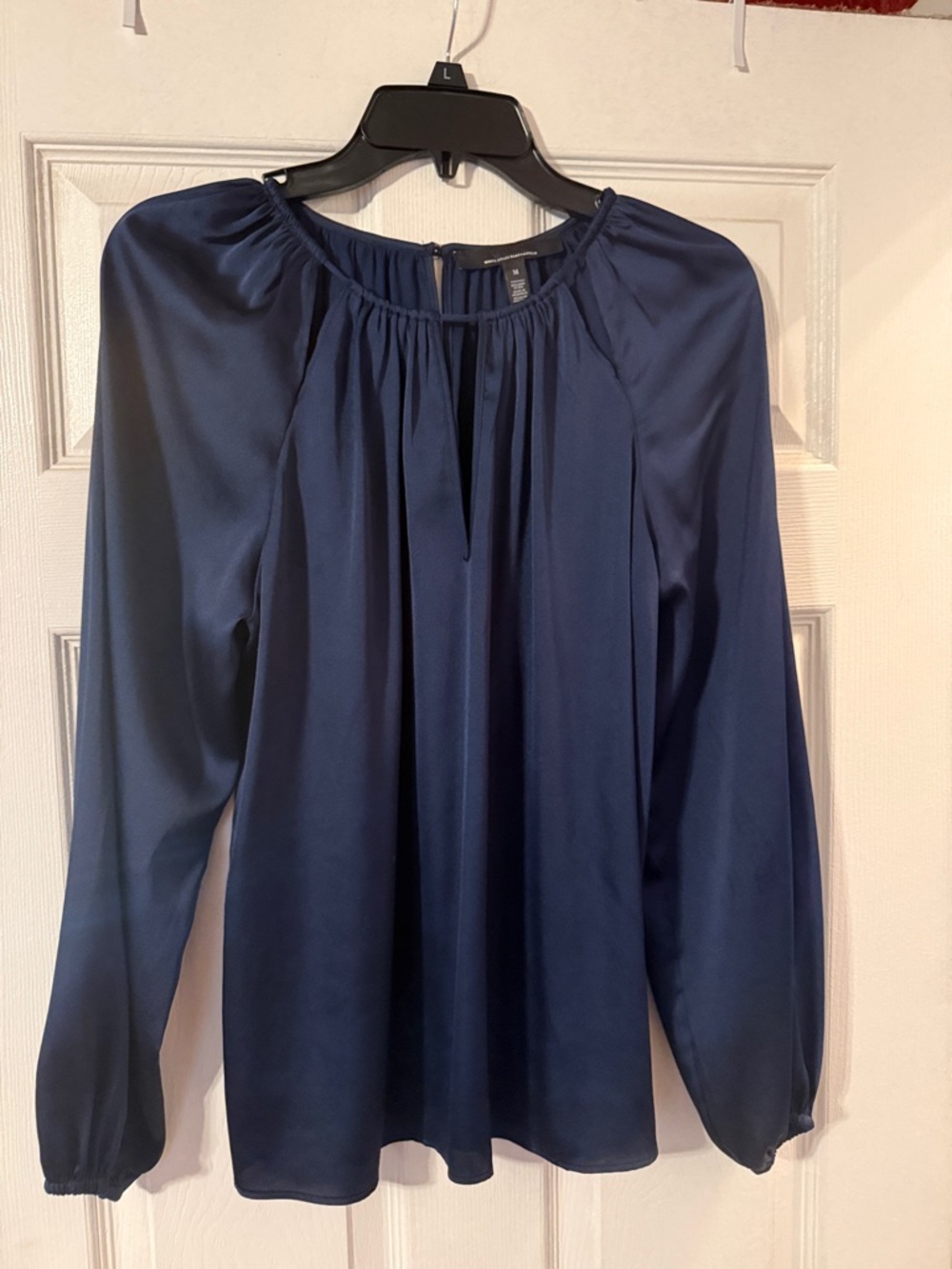 White House Black Market Navy Satin Long-Sleeve Peasant Blouse